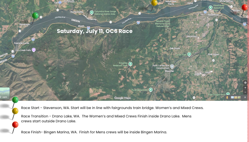 OC6 course map, Stevenson WA to Drano Lake